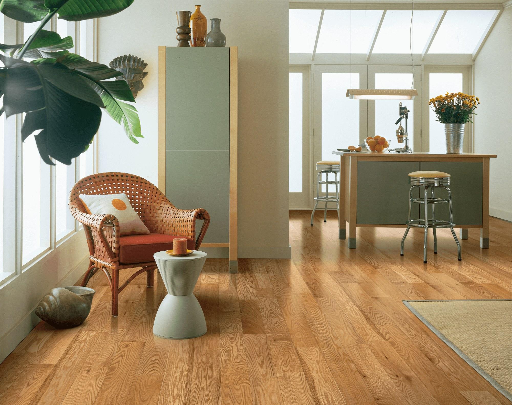 Bruce solid red oak hardwood in a sunlit breakfast nook