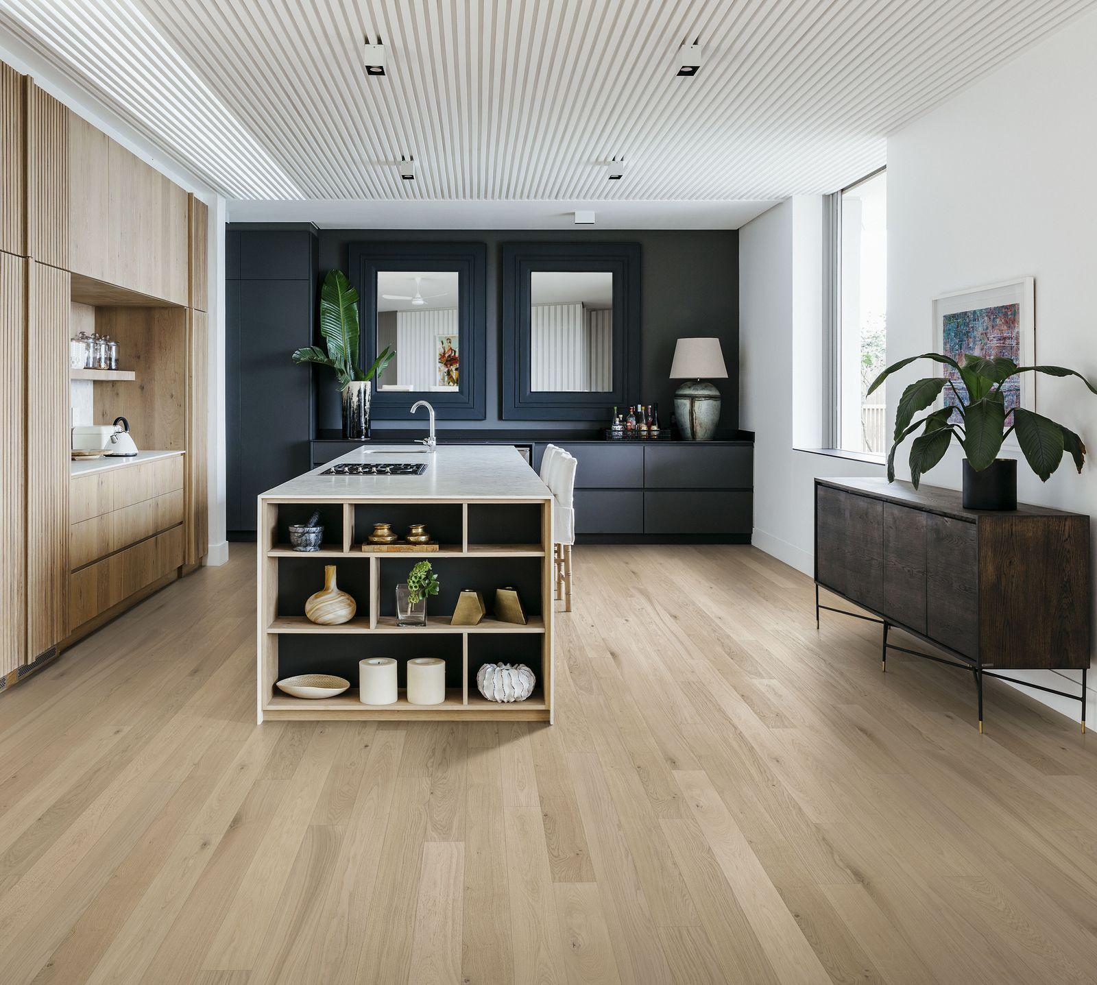 Kährs Oak Fawn engineered hardwood in a modern kitchen