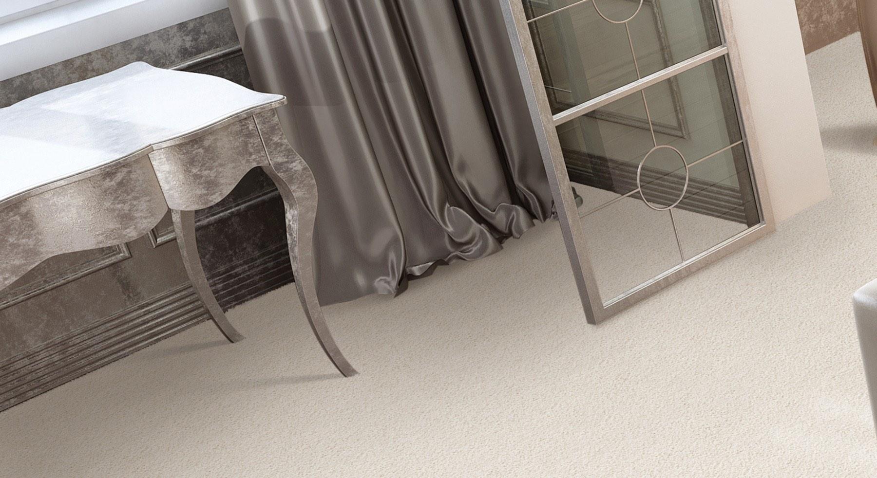 Close-up of Karastan cream plush carpet with silk drapes and ornate furniture