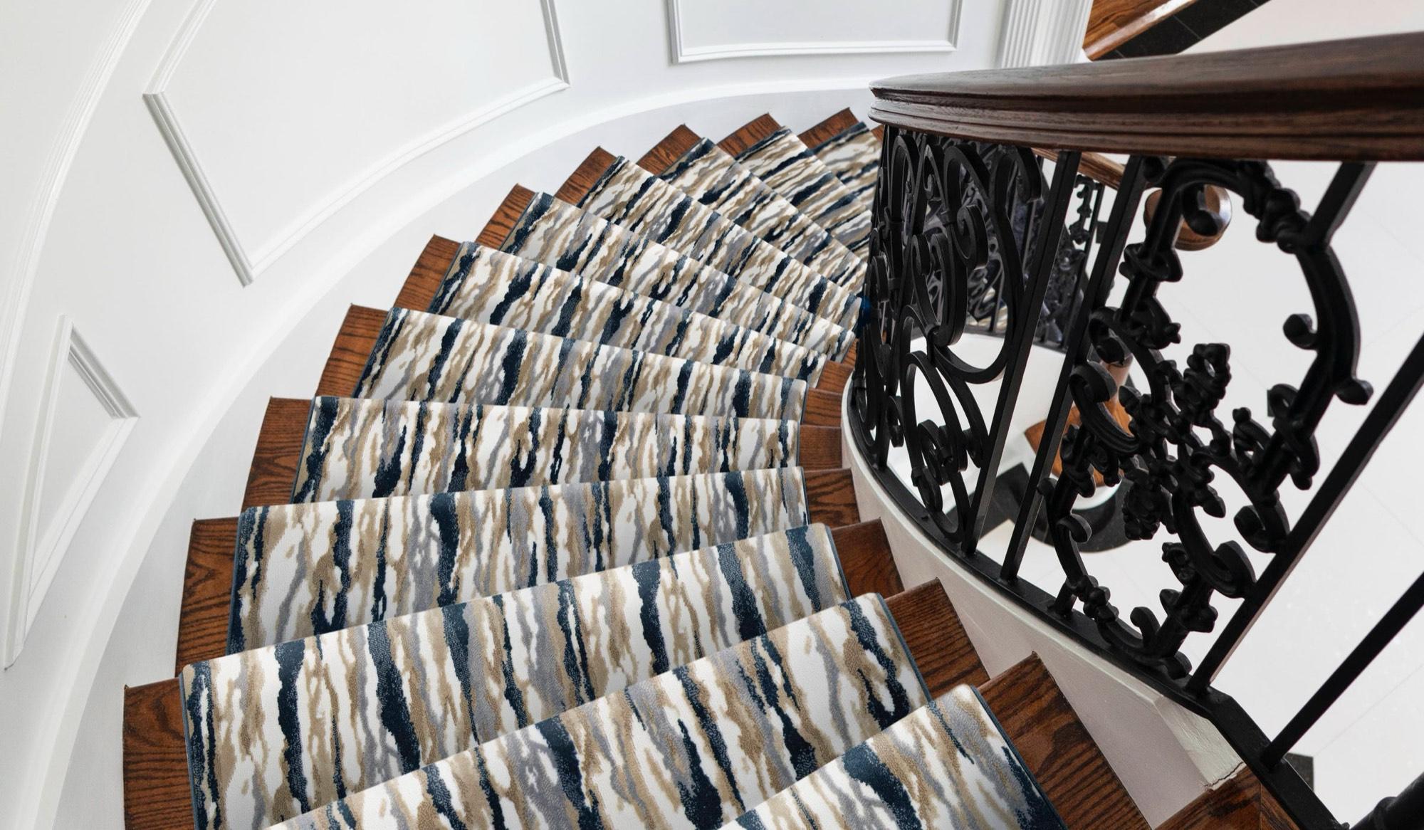 Stanton Affection patterned carpet runner on a curved staircase